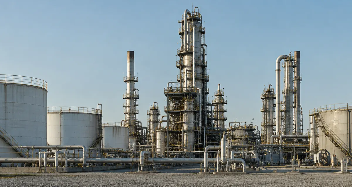 Illustration: pipes, processing towers and storage tanks at an industrial fuel-processing complex