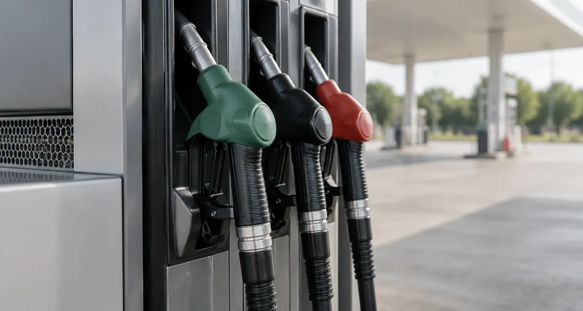 Illustration: fuel nozzles beside a pump at an unmarked forecourt