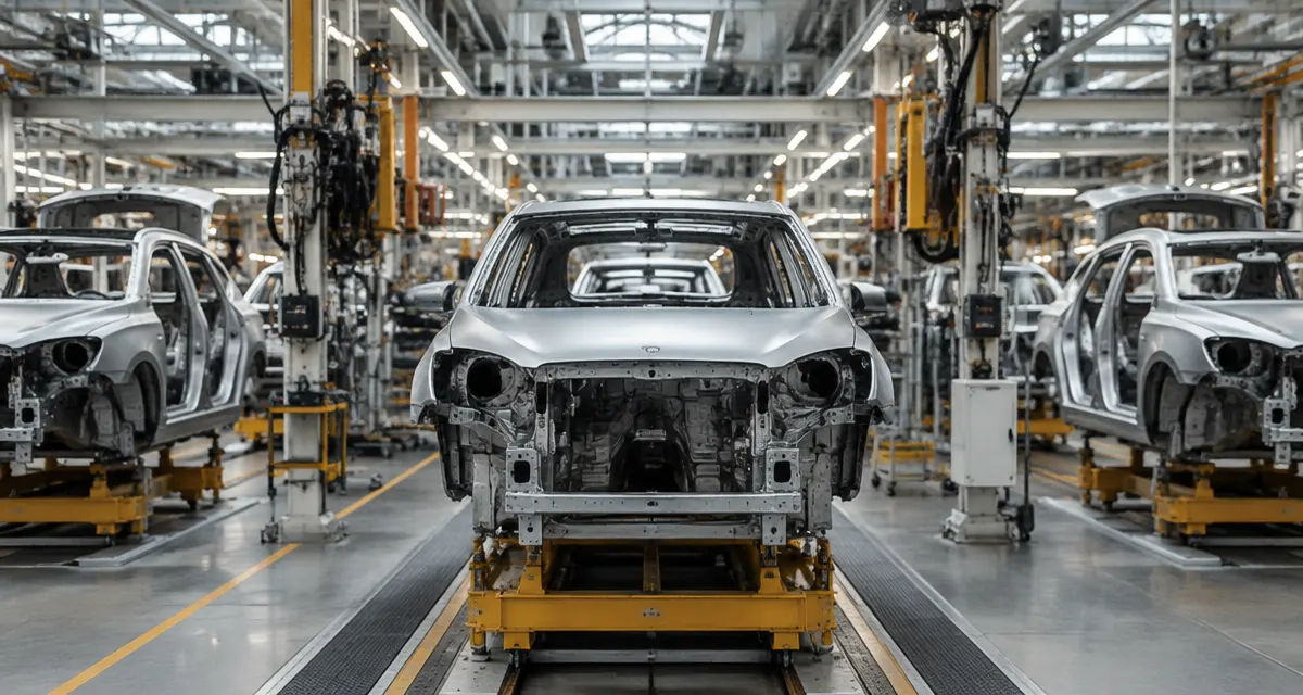 Illustration: electric vehicles moving along an assembly line inside a factory