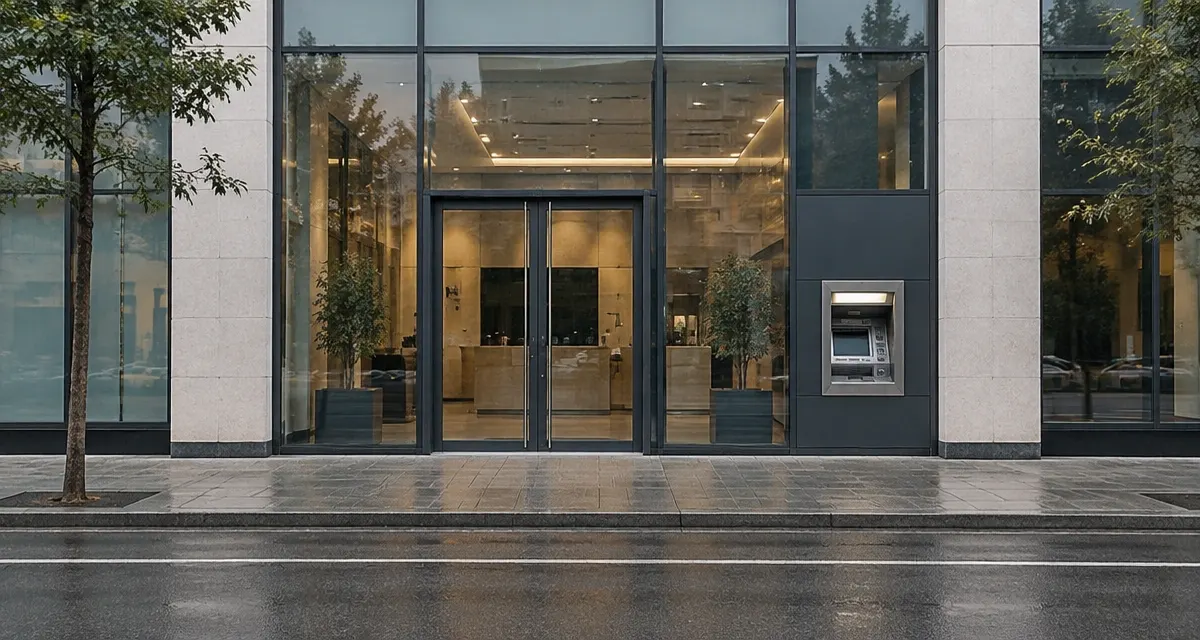 Illustration: modern bank branch exterior with glass windows and a cash machine