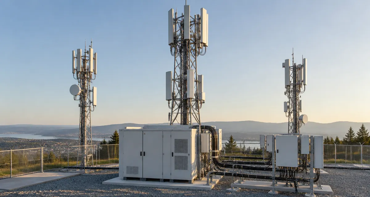 Illustration: telecommunications towers and equipment at an infrastructure site