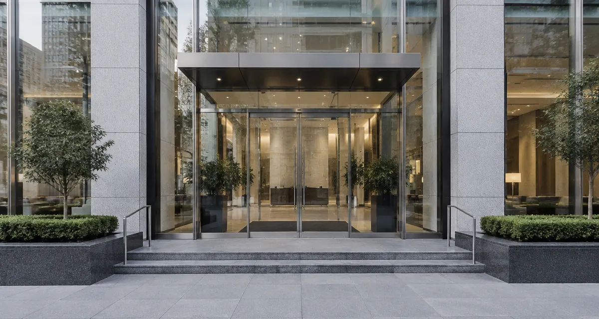 Illustration: modern bank branch exterior with glass facade and entrance