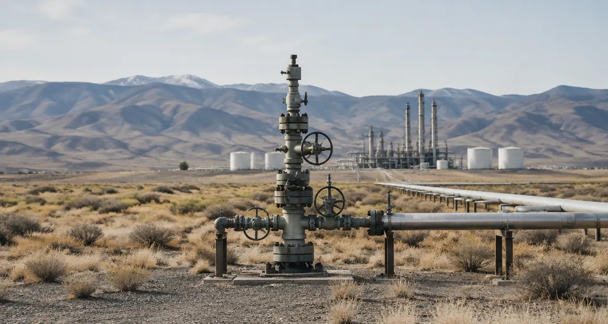 Illustration: gas well and pipeline in a dry landscape with processing structures in the distance