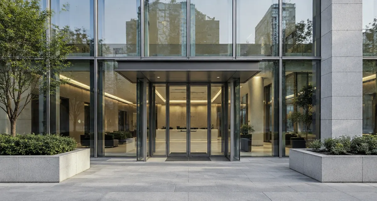 Illustration: modern bank branch exterior with a glass facade