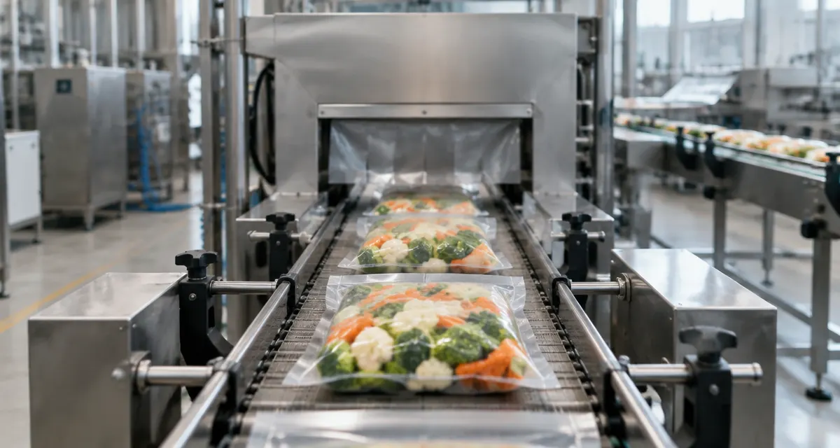 Illustration: unbranded food packages moving along a production line