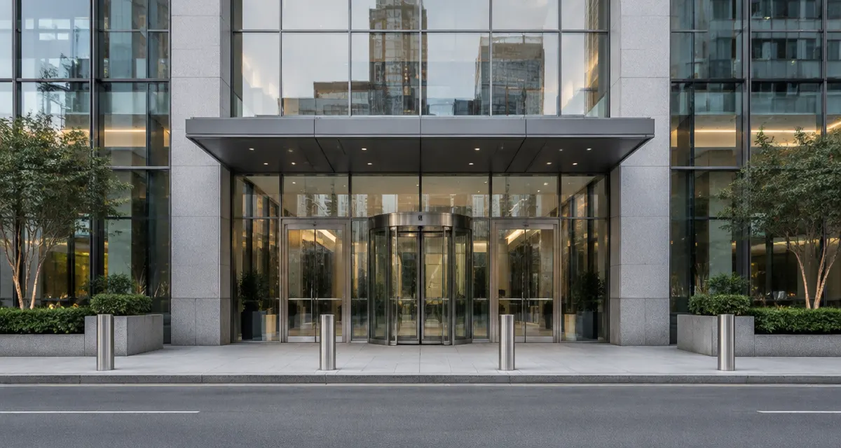 Illustration: exterior of a contemporary bank building