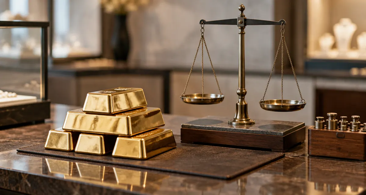 Illustration: gold bars beside a weighing scale on a jeweller's counter