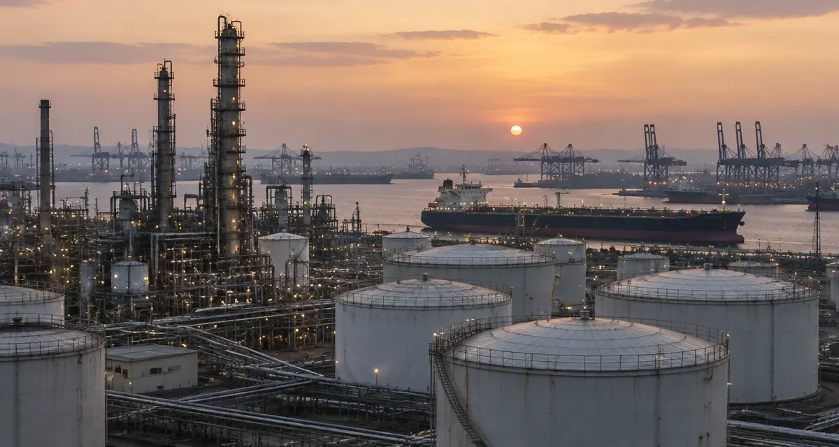 Illustration: oil storage tanks and refinery infrastructure beside a port at dusk