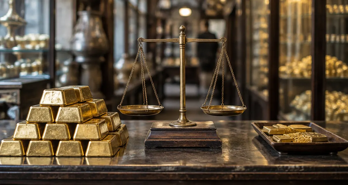 Illustration: gold bars beside a jeweller's balance scale