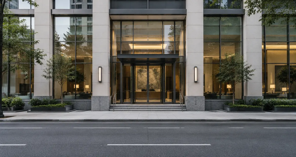 Illustration: modern bank branch exterior with a glass facade and stone columns