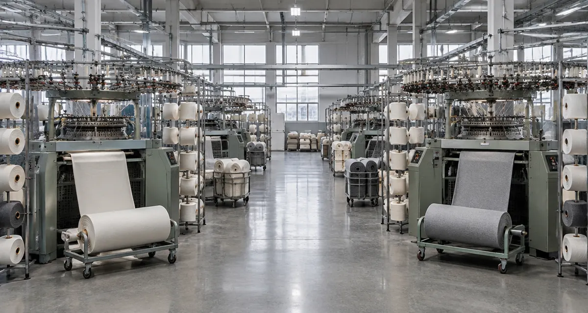 Illustration: rows of industrial knitting machines inside a textile manufacturing facility