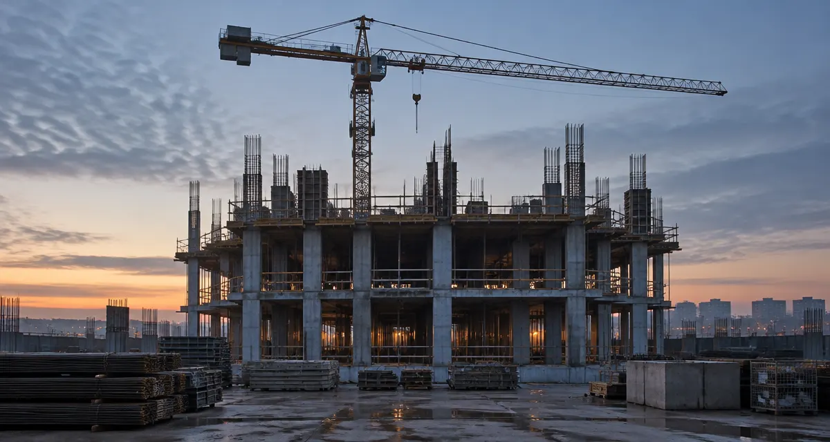 Illustration: tower crane above an unfinished concrete building before sunrise