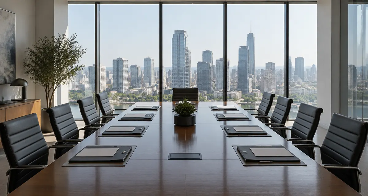 Illustration: empty boardroom with unmarked folders and papers arranged on a long conference table