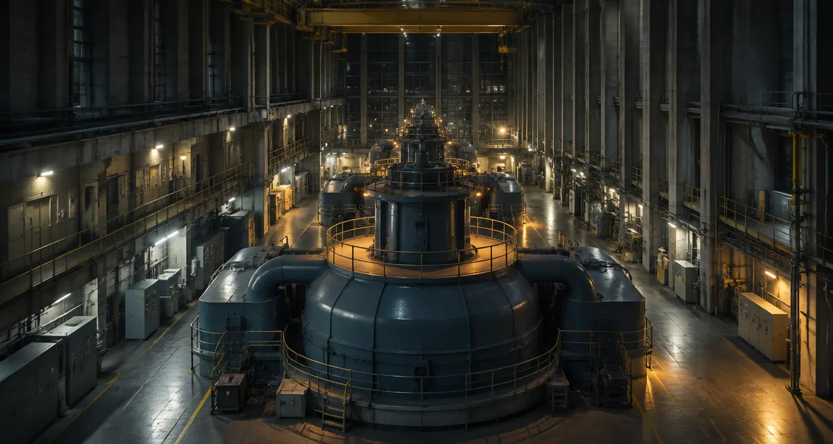 Illustration: turbine equipment inside a power station hall under industrial lighting