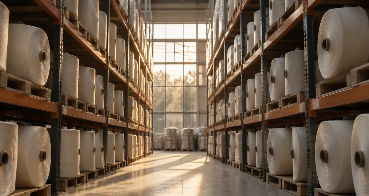 Illustration: rows of synthetic-fiber bobbins on warehouse shelves in late-afternoon light