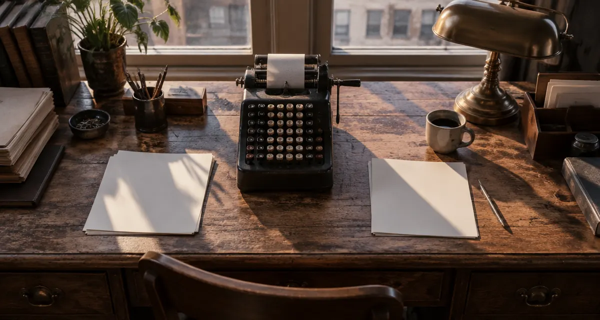 Illustration: an adding machine and blank papers on a broker's desk in early morning light