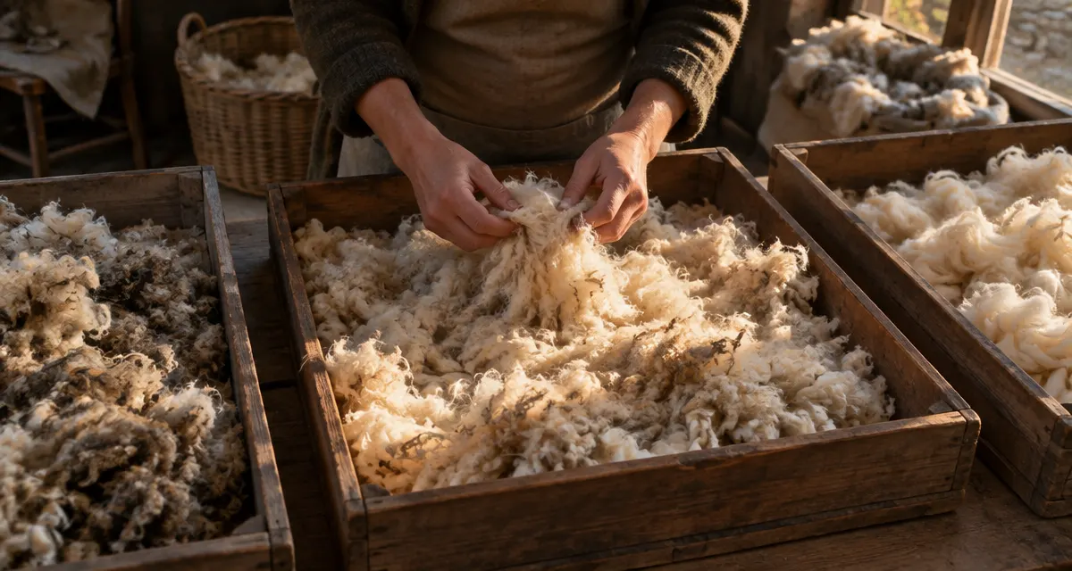 Illustration: raw wool sorted in shallow trays in a wool-grading room