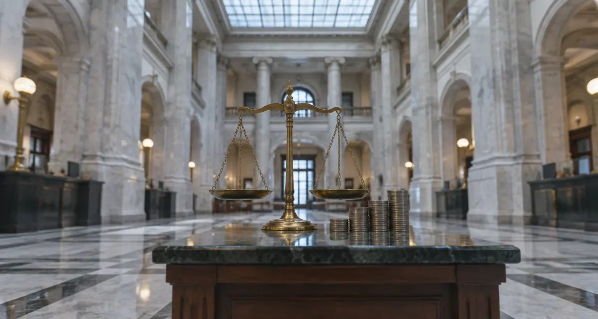 Illustration: an unmarked balance scale and stacks of coins in a quiet banking hall