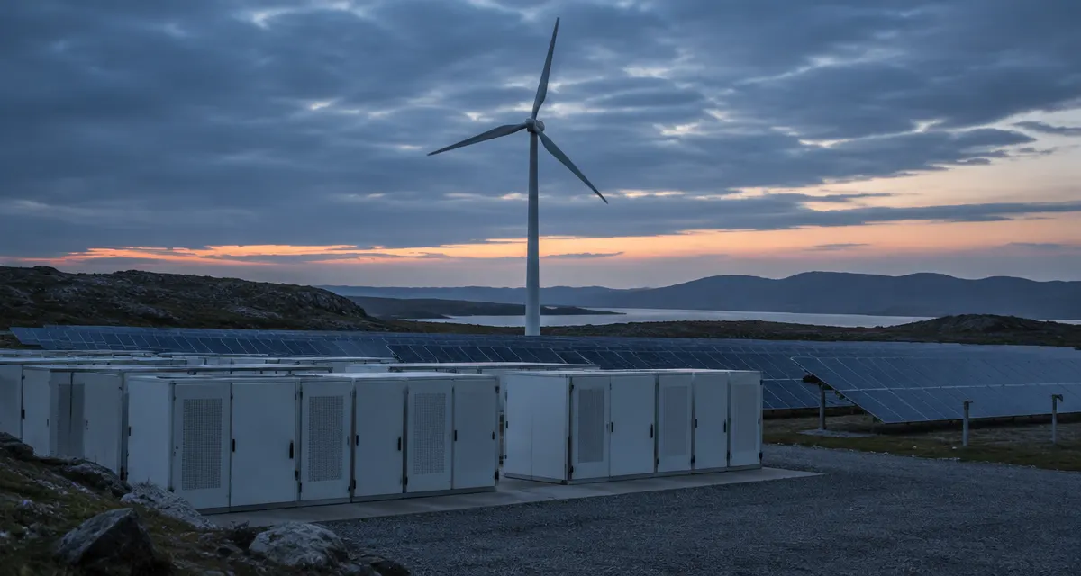 Illustration: wind turbine, solar panels and battery storage cabinets at blue hour