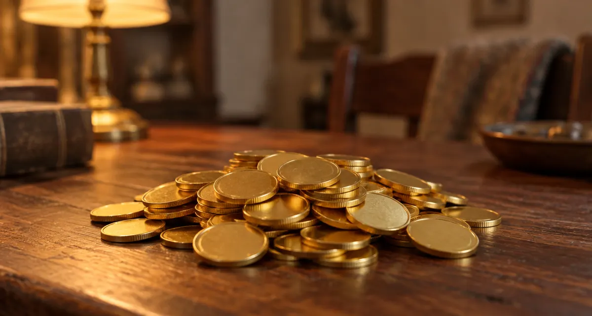 Illustration: plain gold coins on a wooden table
