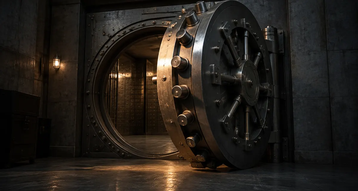 Illustration: open steel vault door and locking bolts in a dim bank vault room