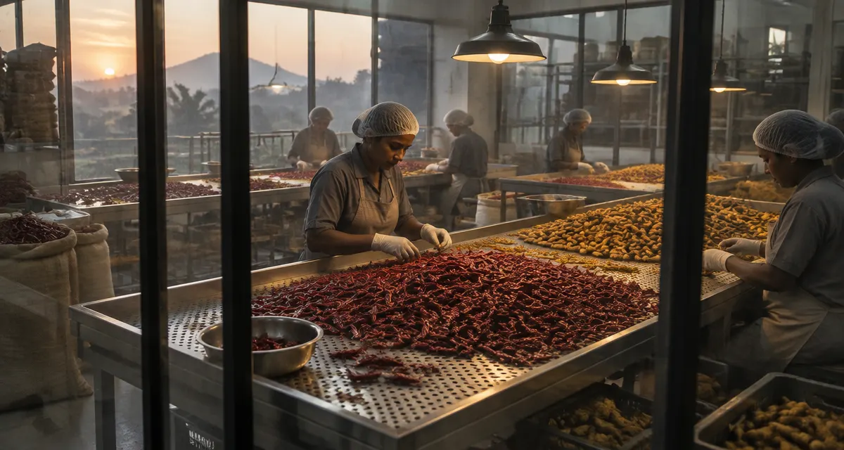 Illustration: red chilies and turmeric roots spread across sorting screens in a spice-cleaning room
