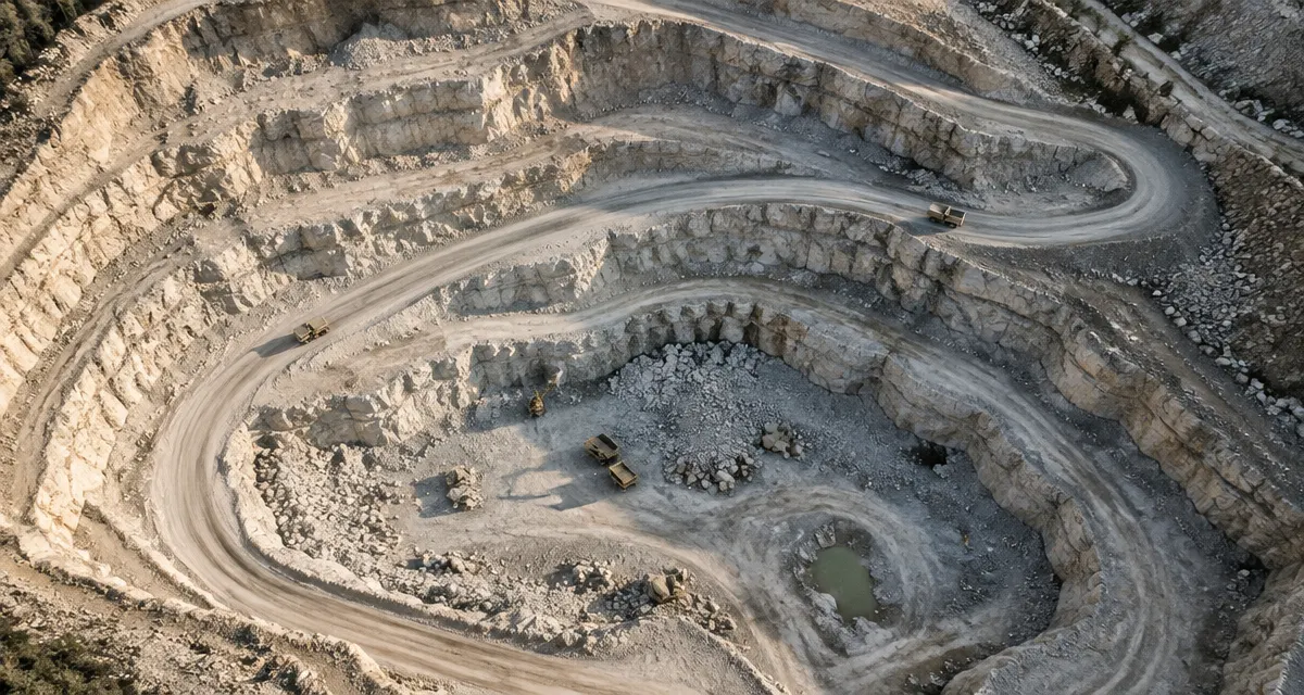 Illustration: terraced limestone quarry benches and a winding haul road seen from above