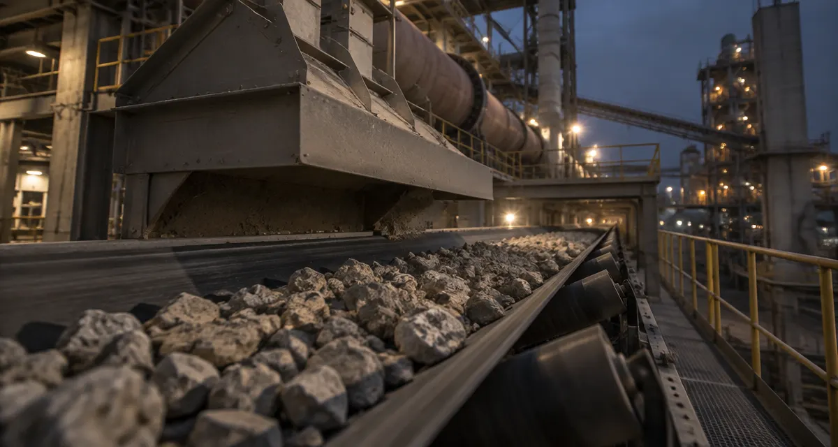 Illustration: clinker moving along a conveyor beneath ducts inside a cement plant