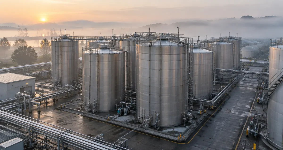 Illustration: chemical storage tanks and pipework at a terminal in early morning light
