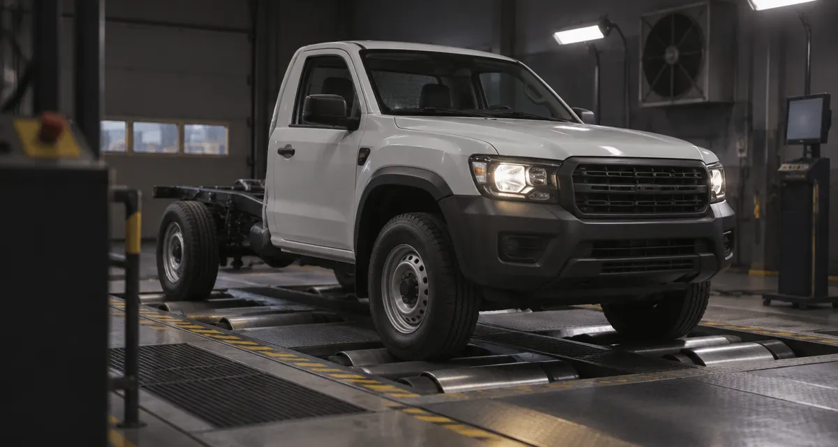 Illustration: an unmarked utility vehicle on a roller test platform in an automotive inspection bay