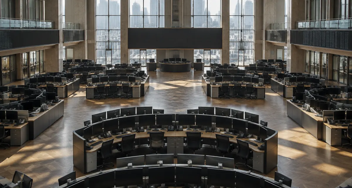 Illustration: empty securities trading hall viewed from above, with rows of trading desks and blank monitors
