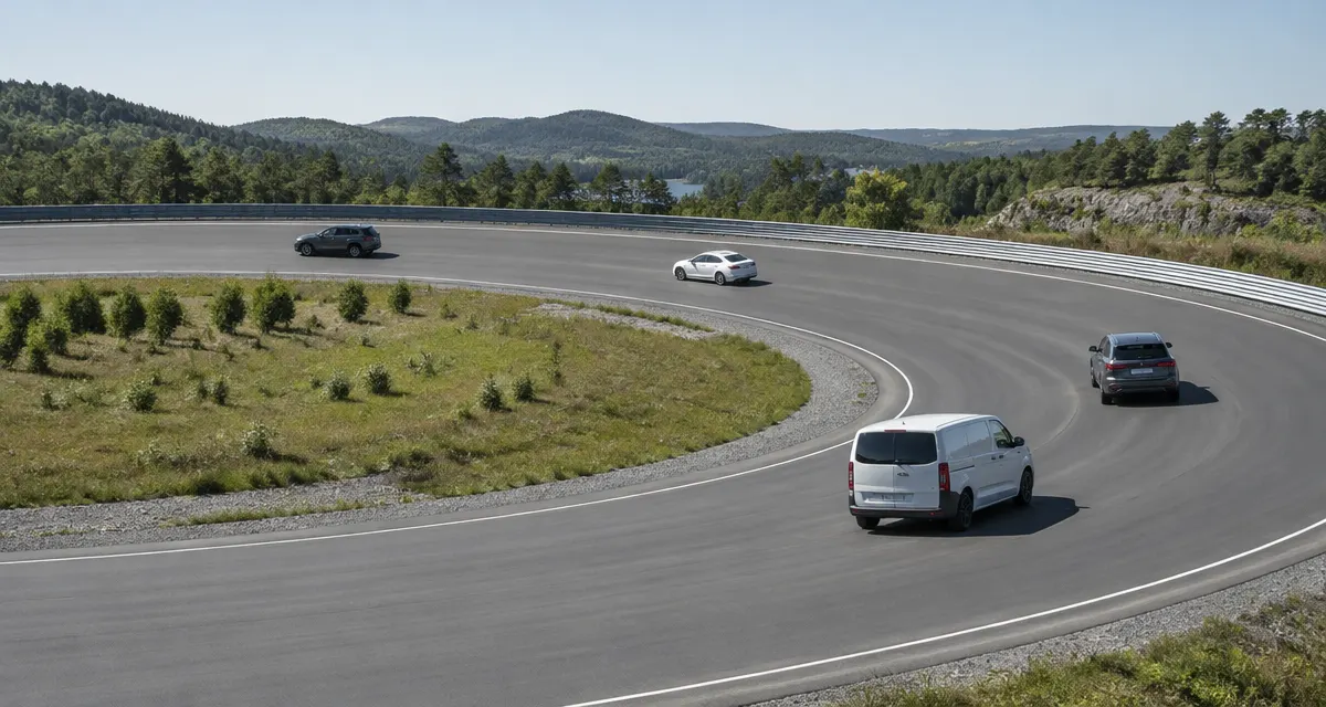 Illustration: unmarked commercial vehicles moving along a paved automotive proving-ground track