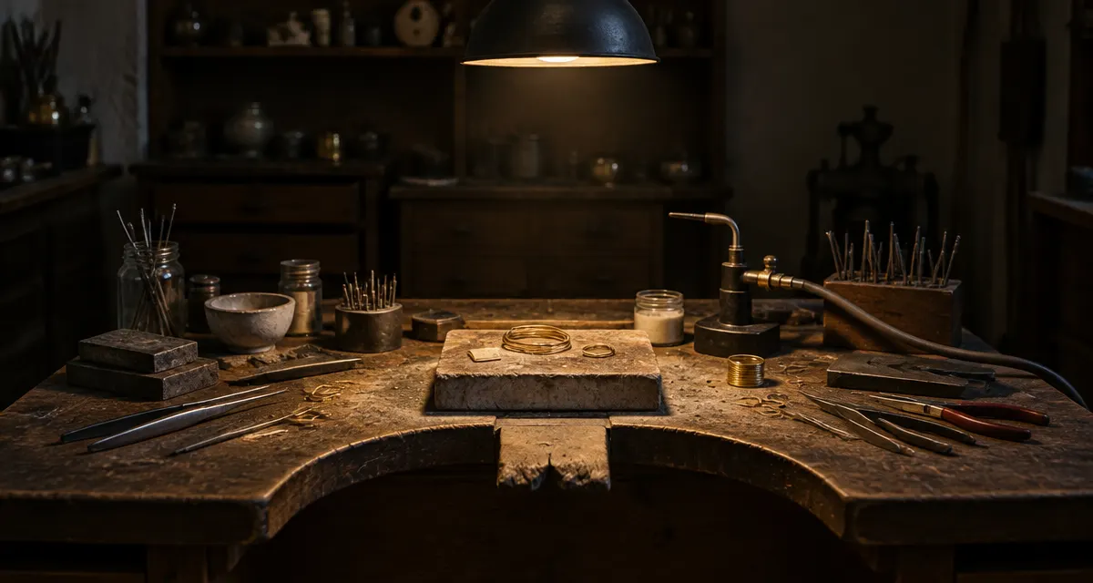 Illustration: a goldsmith’s workbench with tools and gold wire