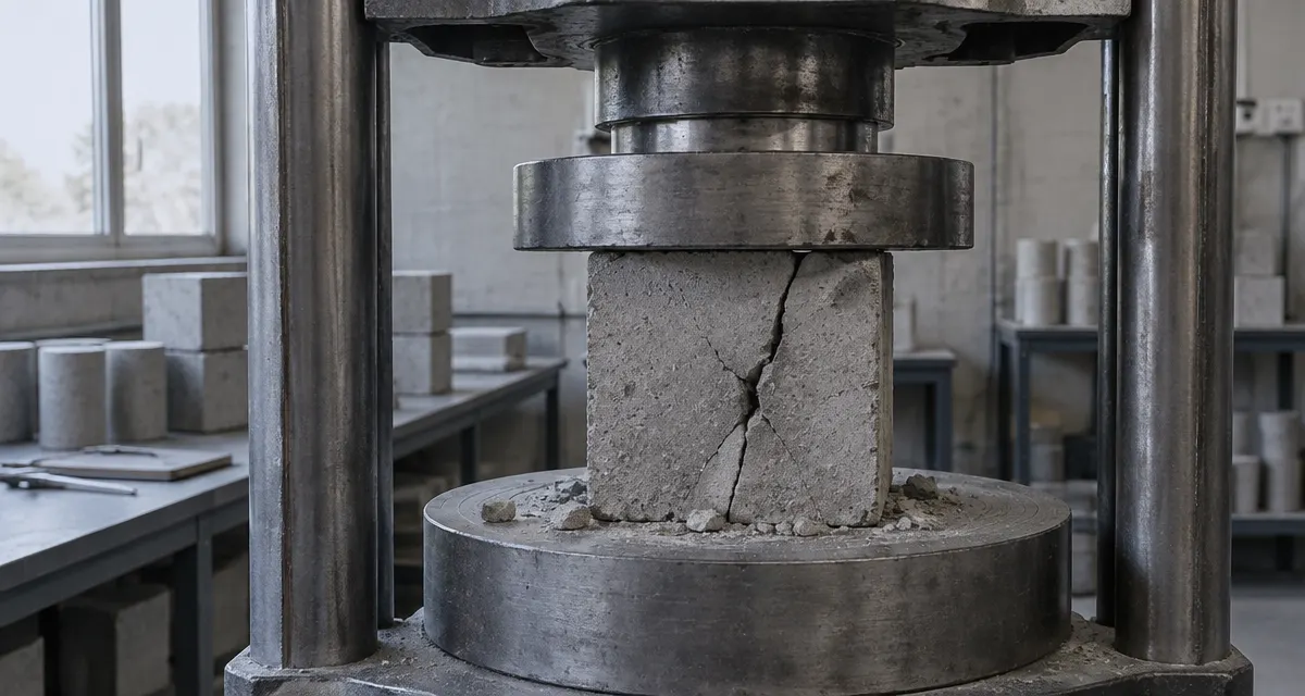 Illustration: a concrete cube sample under pressure in a materials testing laboratory