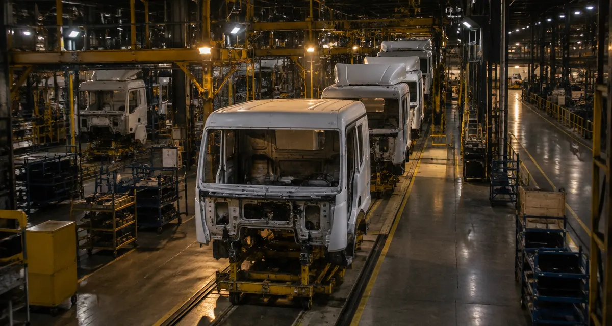 Illustration: unfinished commercial truck cabs on fixtures inside a vehicle assembly plant