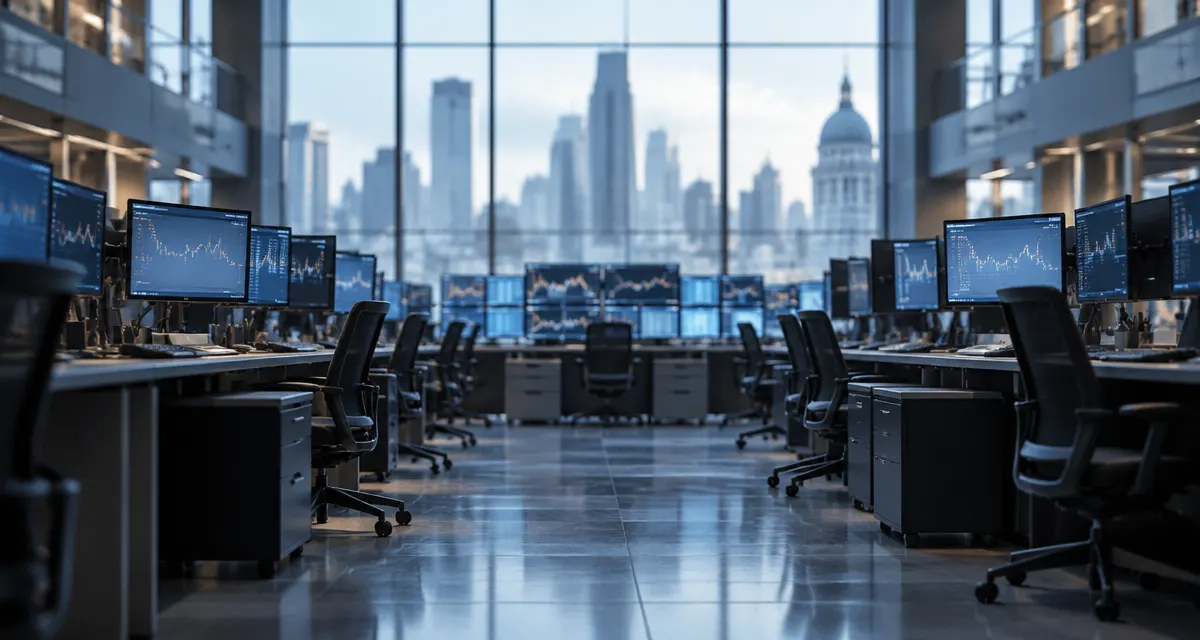 Illustration: rows of trading desks and blurred monitors on an exchange floor
