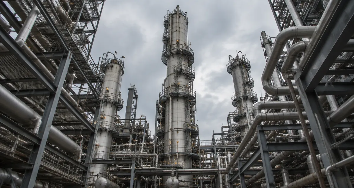 Illustration: refinery columns and pipe racks seen from ground level