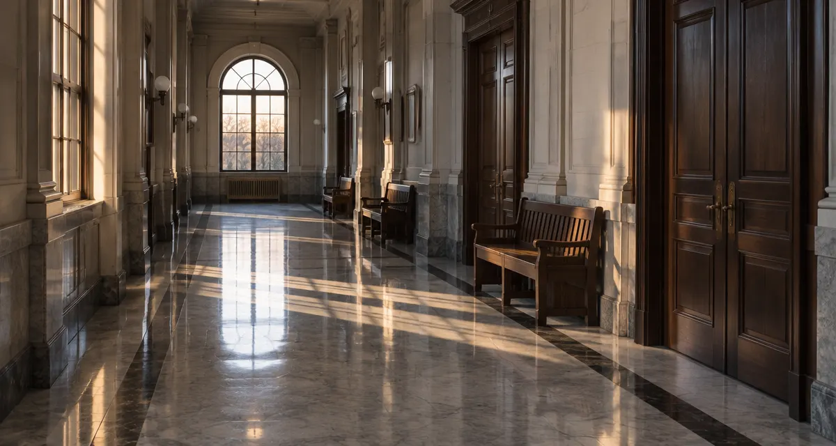 Illustration: an empty courthouse corridor with courtroom doors and wooden benches