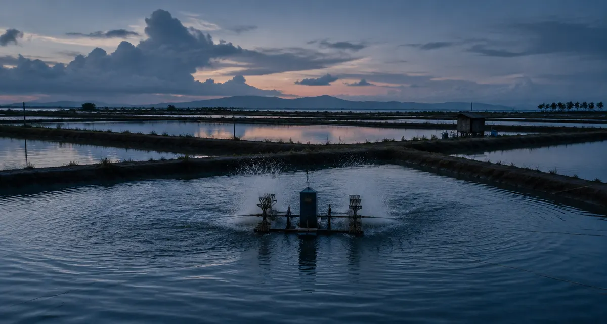 Illustration: shrimp ponds and a paddlewheel aerator at blue hour