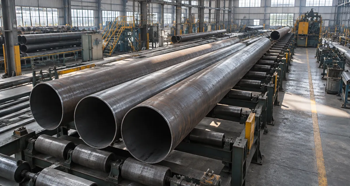 Illustration: long metal tubes arranged on rollers inside a steel fabrication workshop