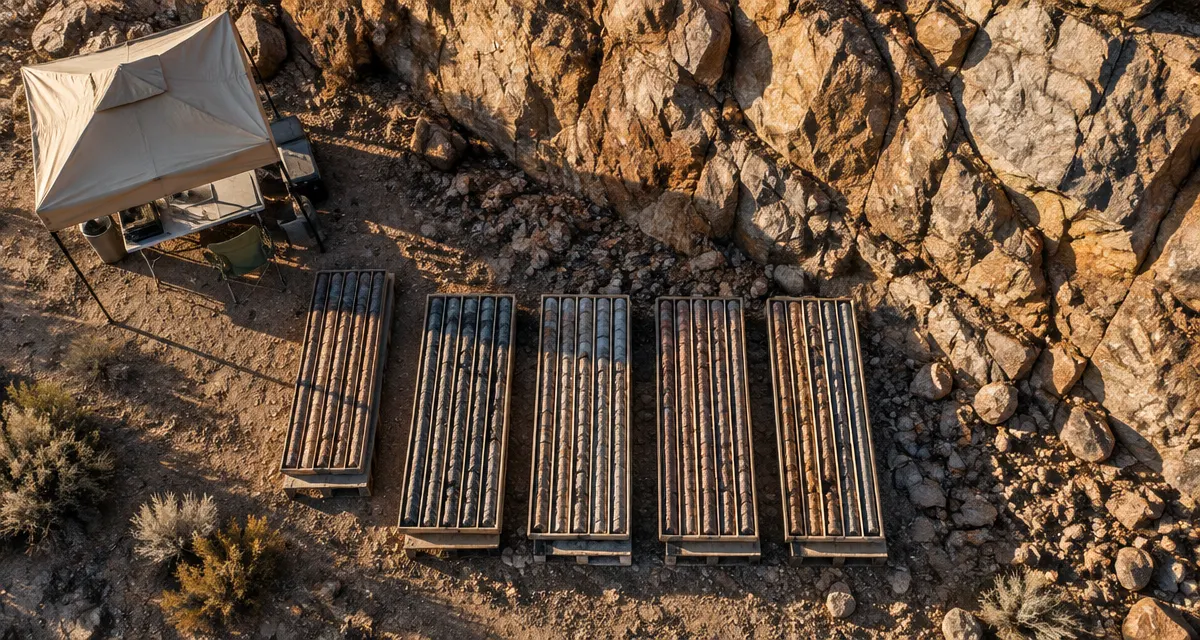 Illustration: geological core samples arranged beside a desert outcrop at an exploration site