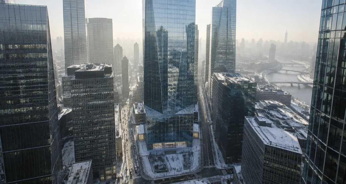 Illustration: financial district towers from street level