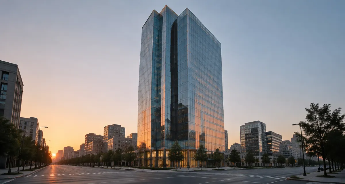 Illustration: glass office building reflecting the dawn sky