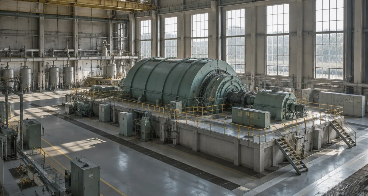 Illustration: a power station turbine hall with a large generator and overhead daylight