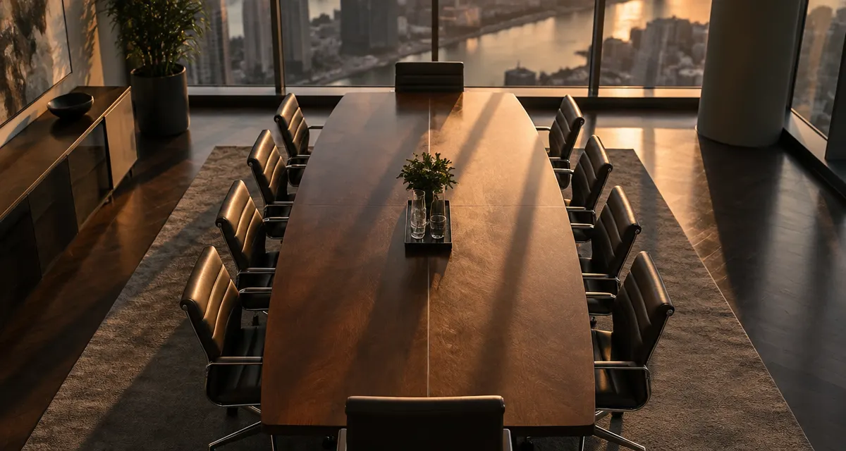 Illustration: empty boardroom table and chairs in fading window light
