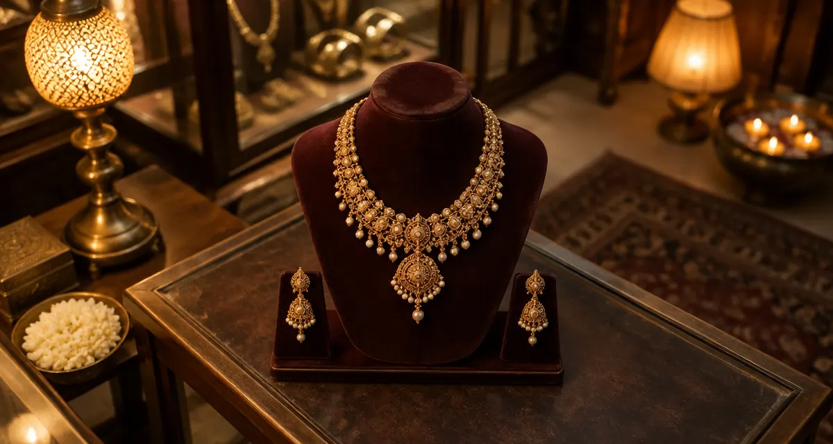 Illustration: a gold necklace set on a velvet display