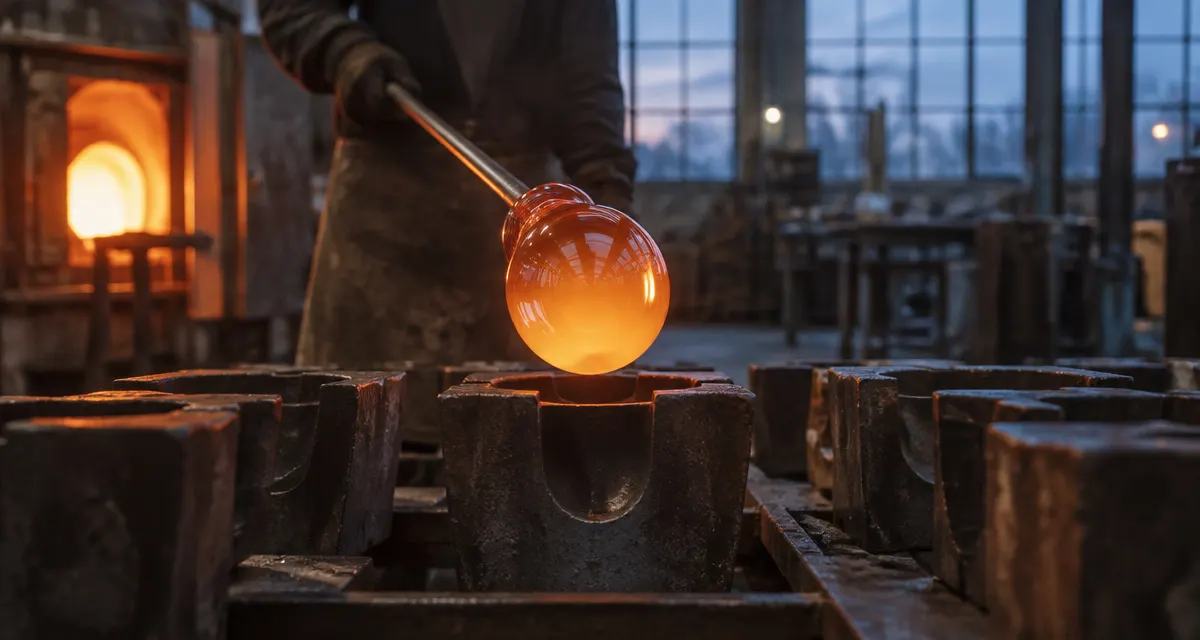 Illustration: molten glass glowing above shaping molds inside a glass production hall