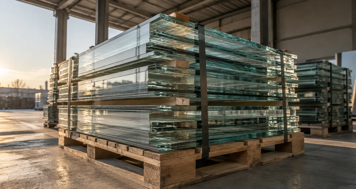 Illustration: stacks of clear glass panels reflecting late-afternoon light in an industrial loading area