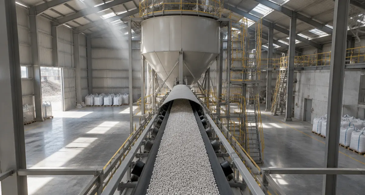 Illustration: fertilizer granules move along a conveyor toward a storage hopper inside an industrial facility