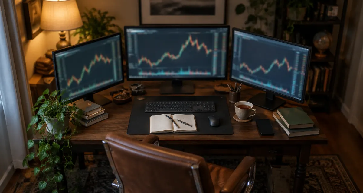 Illustration: trading desk monitors with blurred charts